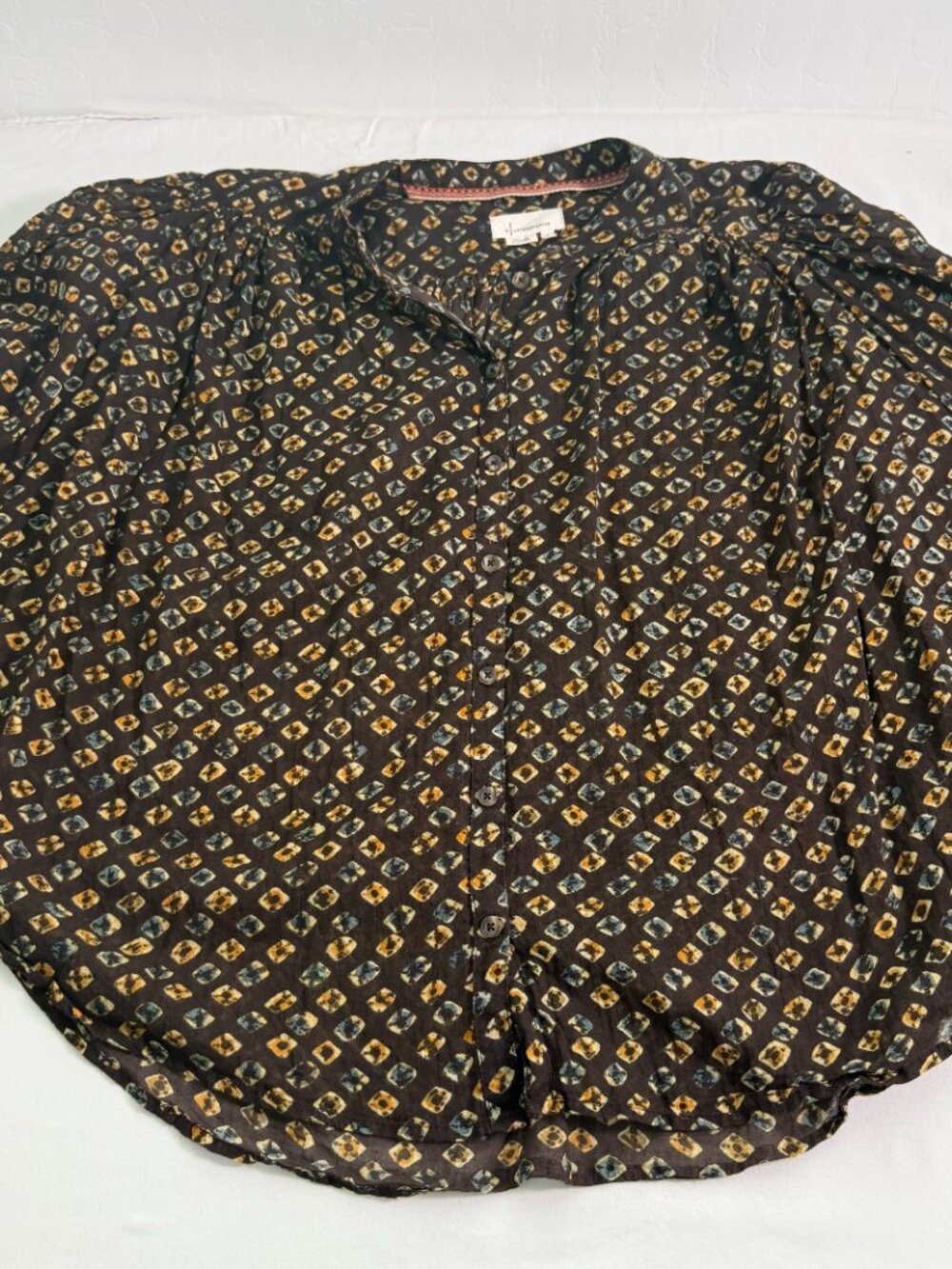 Anthropologie Brown Sheer Blouse Size Large Boho Print Button Front Flowy Top - Picture 6 of 10